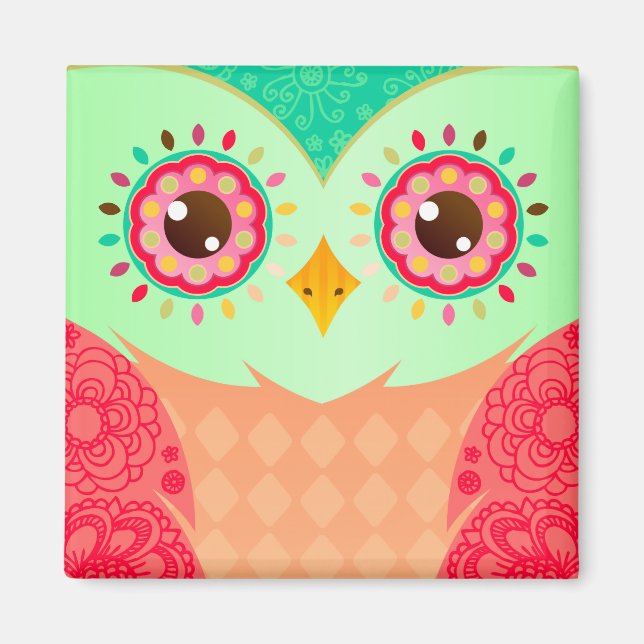 Boho Red & Green Owl Magnet (Front)