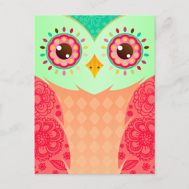 Boho Red & Green Owl Postcard (Front)