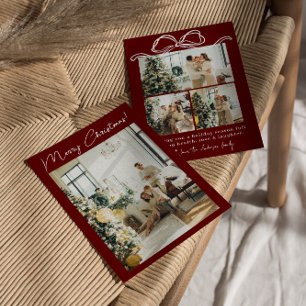 Boho Red Maroon Photo Ribbon Stylish Christmas  Holiday Card