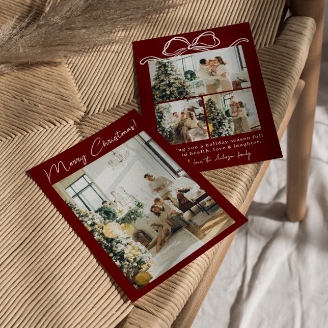 Boho Red Maroon Photo Ribbon Stylish Christmas  Holiday Card (Creator Uploaded)