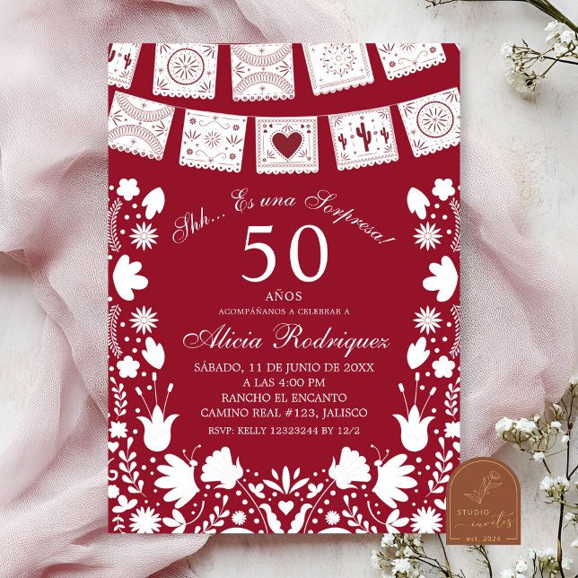 Boho Red Maroon Talavera Mexican Surprise Birthday Invitation (Creator Uploaded)