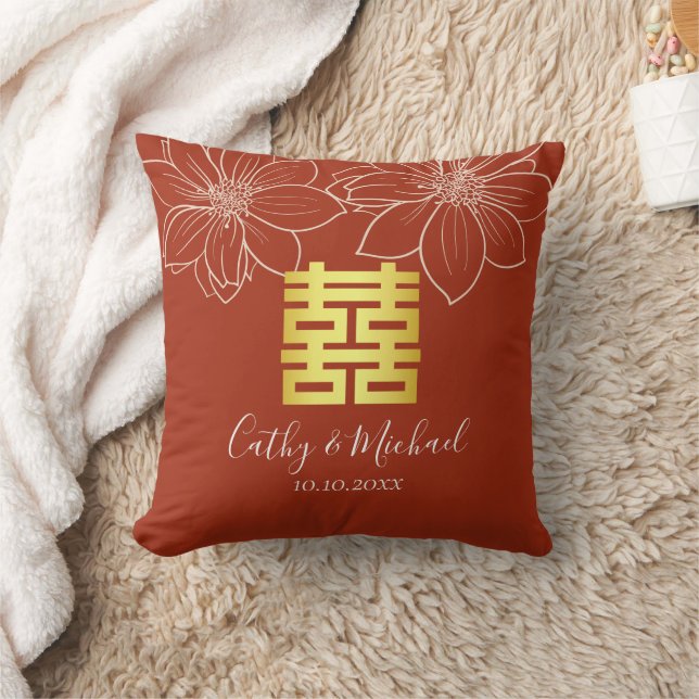 Boho red modern floral Chinese wedding Cushion (Blanket)