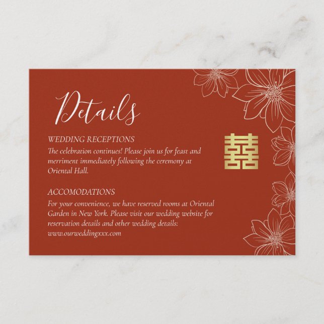 Boho red modern floral Chinese wedding details  Enclosure Card (Front)