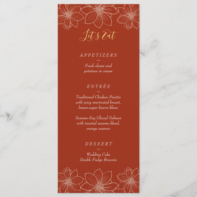 Boho red modern floral Chinese wedding Menu (Front)