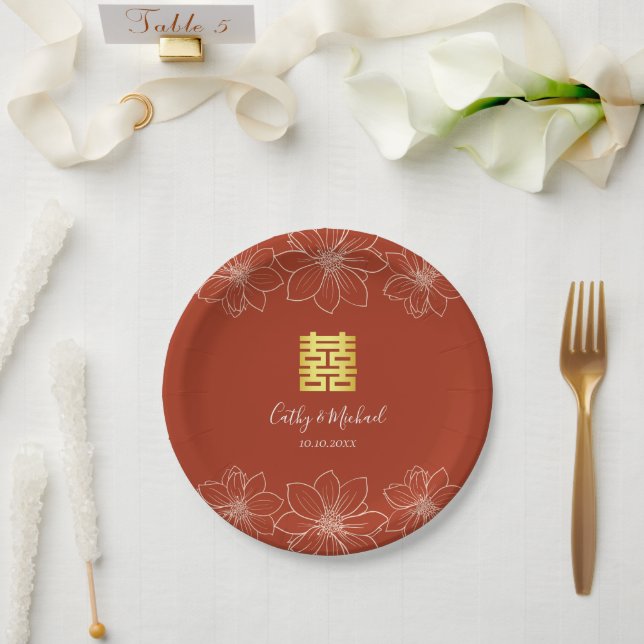 Boho red modern floral Chinese wedding Paper Plate (Wedding)