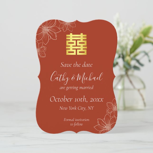 Boho red modern floral Chinese wedding Save The Date (Standing Front)