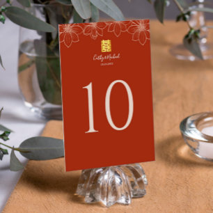Boho red modern floral Chinese wedding Table Number