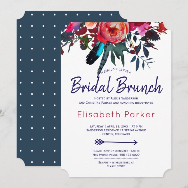 Boho red navy blue floral bouquet bridal brunch invitation (Front/Back)