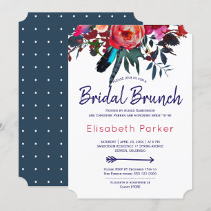 Boho red navy blue floral bouquet bridal brunch invitation