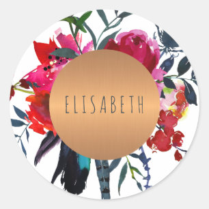 Boho red navy bouquet with copper circle your name classic round sticker