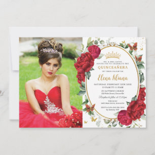 Boho Red Peonies Floral Butterflies Quinceañera  Invitation