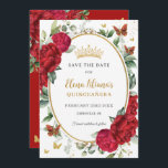 Boho Red Peonies Floral Butterflies Quinceañera  Save The Date<br><div class="desc">Personalise this boho chic red floral Quinceañera / Sweet 16 birthday save the date easily and quickly. Simply click the customise it further button to edit the texts, change fonts and fonts colours. Featuring exquisite vibrant watercolor red peony flowers, a gold princess crown and red and gold butterflies. Matching items...</div>