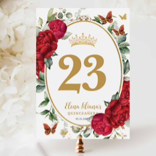 Boho Red Peonies Floral Quinceanera Table Number