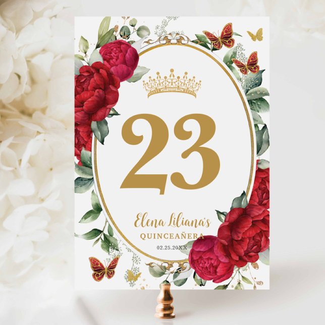 Boho Red Peonies Floral Quinceanera Table Number (Creator Uploaded)