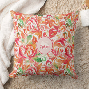 Boho Red Pink Orange Green Paisley Floral Cushion