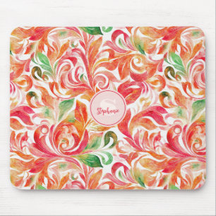 Boho Red Pink Orange Green Paisley Floral Mouse Pad