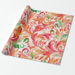 Boho Red Pink Orange Green Paisley Floral Wrapping Paper