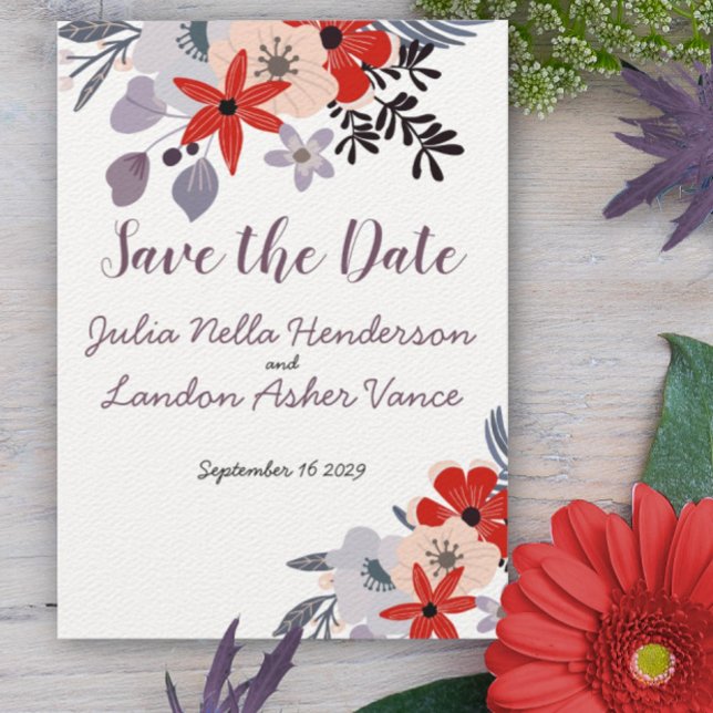Boho Red Pink Teal Flora Fauna Save the Date Invitation (Creator Uploaded)