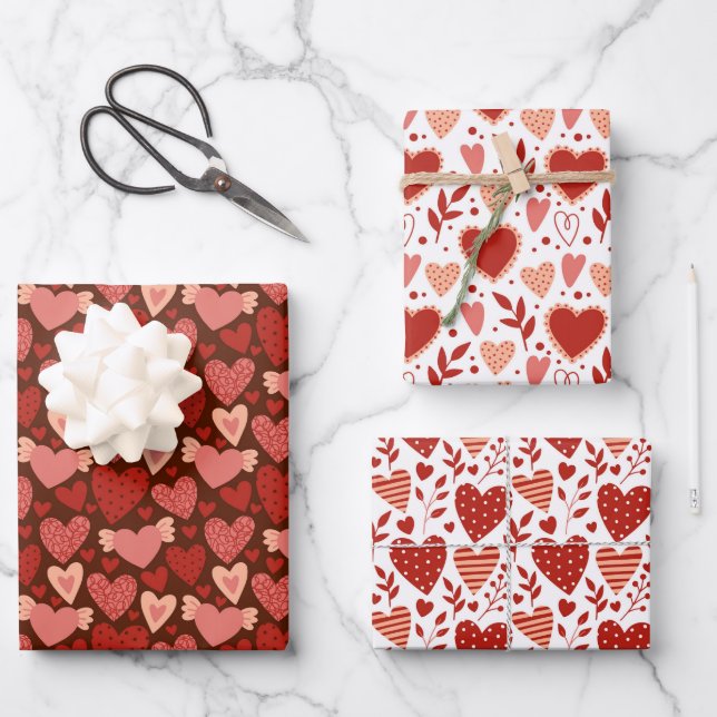Boho Red Pink Valentine Hearts Pattern Set 2 Wrapping Paper Sheet (Front)