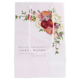 Boho Red Pink white Rose Flowers Wedding Medium Gift Bag