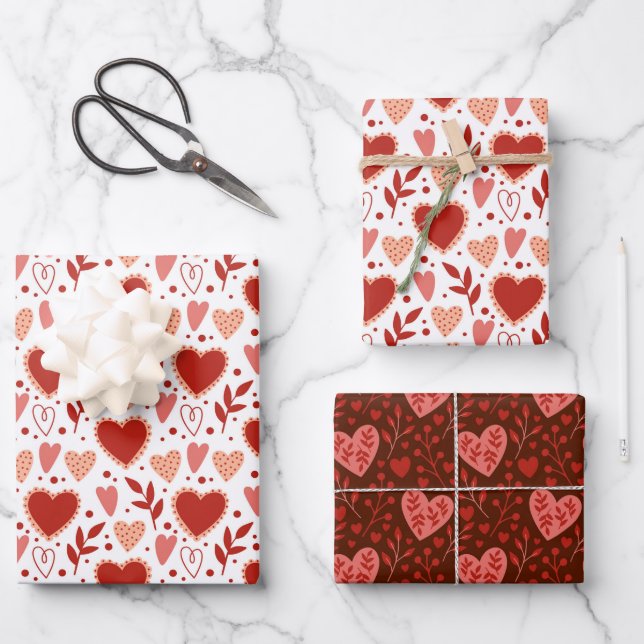 Boho Red Pink White Valentine Hearts Pattern Wrapping Paper Sheet (Front)