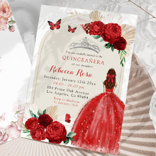 Boho Red Roses Princess Royal Quinceañera Invitation