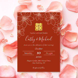 Boho red terracotta floral Chinese wedding Invitation