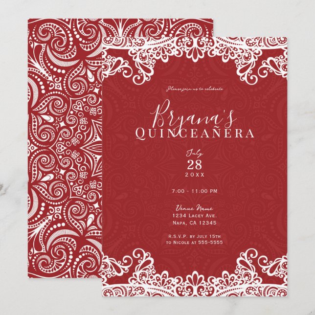 Boho Red White Lace Bold 15th 15 Quinceañera Party Invitation (Front/Back)