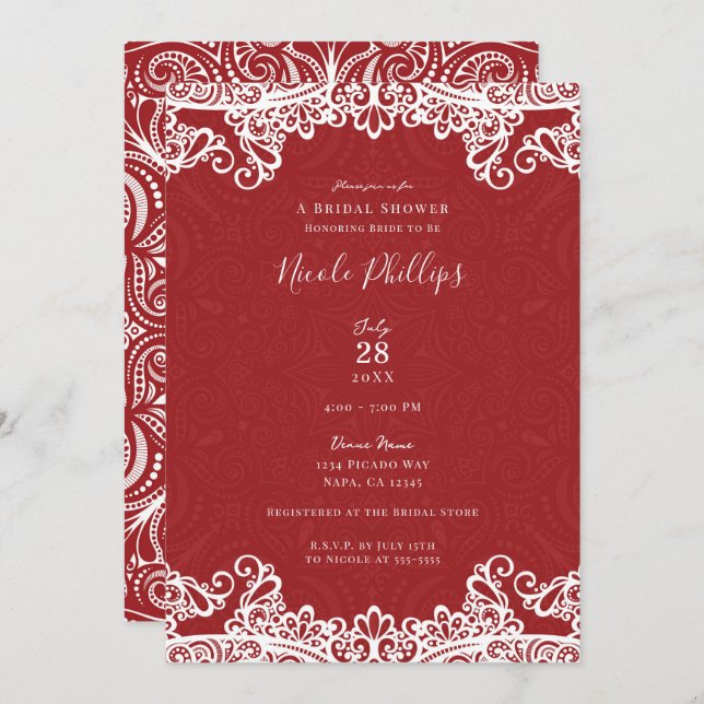 Boho Red & White Lace Bold Pattern Bridal Shower  Invitation (Front/Back)