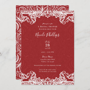 Boho Red & White Lace Bold Pattern Bridal Shower  Invitation