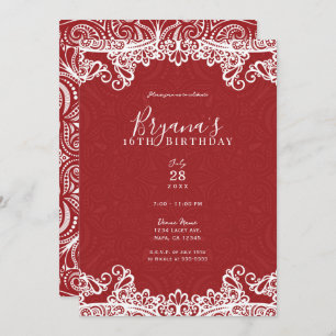 Boho Red & White Lace Bold Pattern Sweet 16 Party Invitation