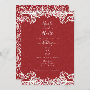 Boho Red & White Lace Bold Pattern Wedding Invitation