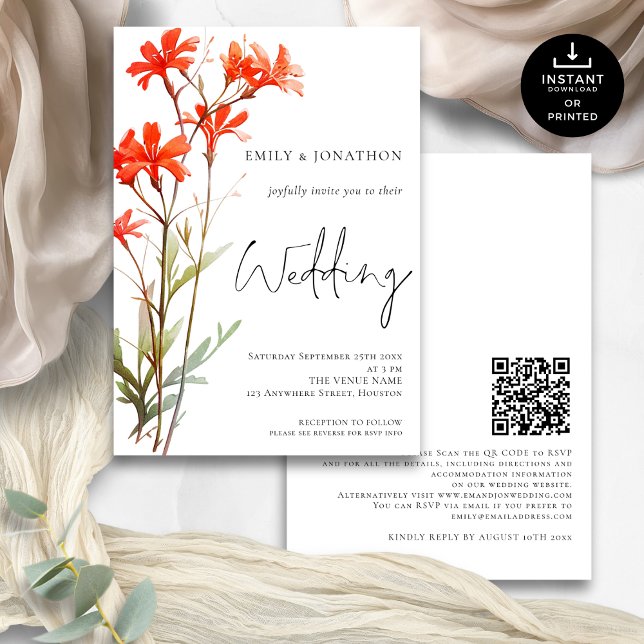 Boho Red Wildflowers QR Code Script Wedding Invitation (Front and back view)