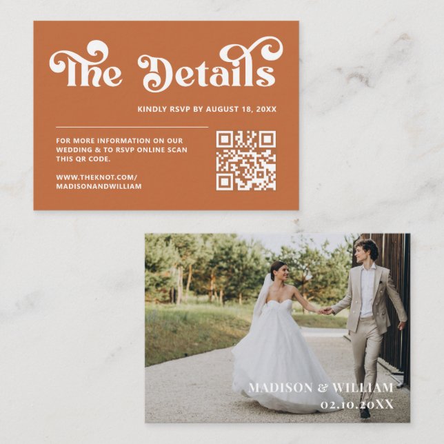Boho Retro 70s Burnt Orange Wedding Website Enclosure Card (Front/Back)