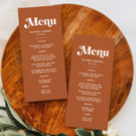 Boho Retro 70s Terracotta Wedding Menu<br><div class="desc">Perfect for your fall wedding decor. Embrace a retro wedding theme with a touch of disco flair, ideal for a boho disco wedding or a classic retro 70s wedding. This menu is versatile for various settings, whether it's a western boho wedding, a country wedding, or a cowboy wedding. The rich...</div>