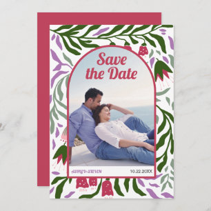 Boho retro arch colourful folklore flowers magenta save the date