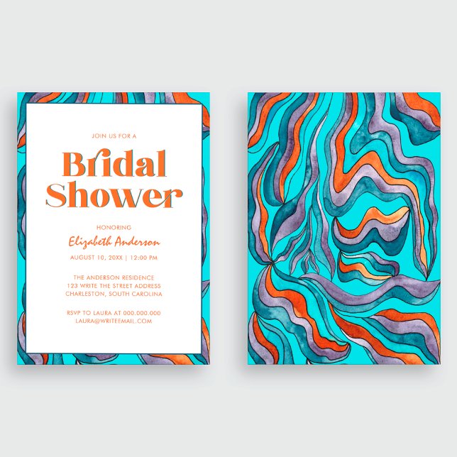 Boho Retro Blue Teal Typography Wavy Bridal Shower Invitation (Front and Back)