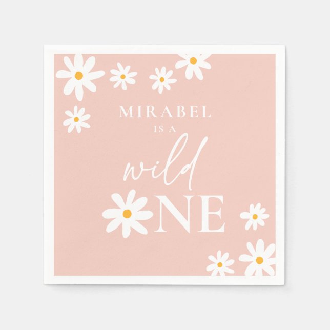 Boho Retro Blush Pink Daisy Wild One 1st Birthday Napkin (Front)