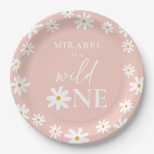 Boho Retro Blush Pink Daisy Wild One 1st Birthday Paper Plate