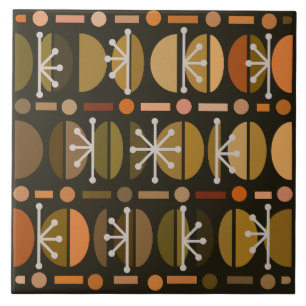 Boho Retro Bowls Lines Dark Earth Tones Ceramic Tile