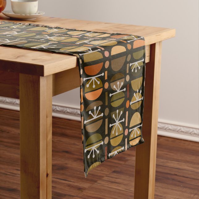 Boho Retro Bowls Lines Dark Earth Tones Short Table Runner (In Situ)
