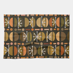 Boho Retro Bowls Lines Dark Earth Tones Tea Towel