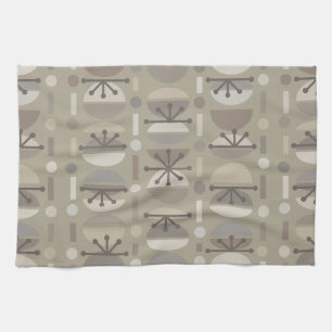 Boho Retro Bowls Lines Taupe Tea Towel