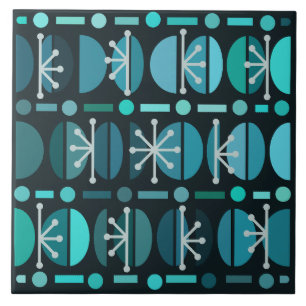 Boho Retro Bowls Lines Teal Ceramic Tile