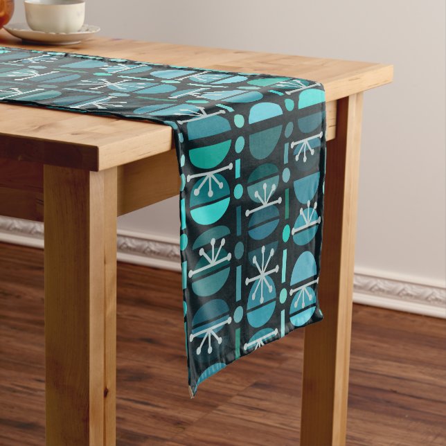 Boho Retro Bowls Lines Teal Short Table Runner (In Situ)