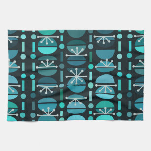 Boho Retro Bowls Lines Teal Tea Towel