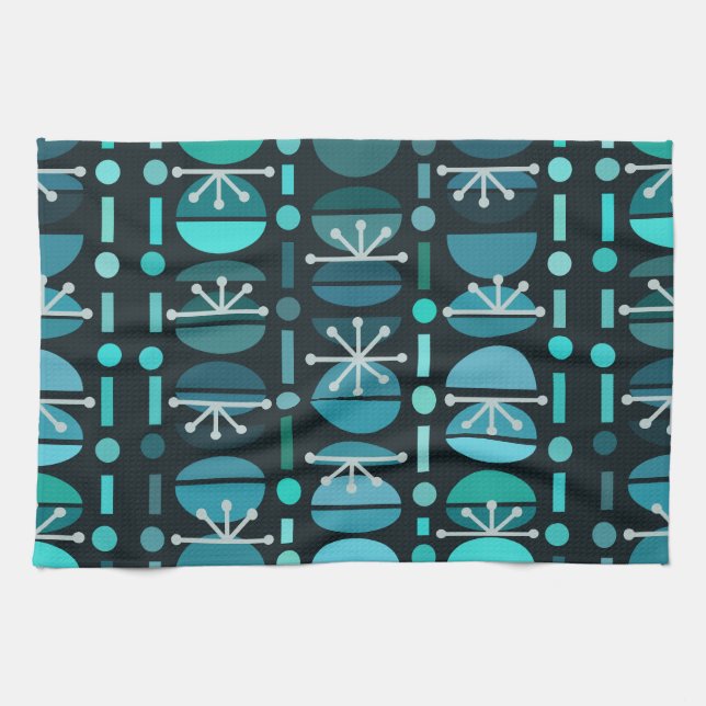 Boho Retro Bowls Lines Teal Tea Towel (Horizontal)