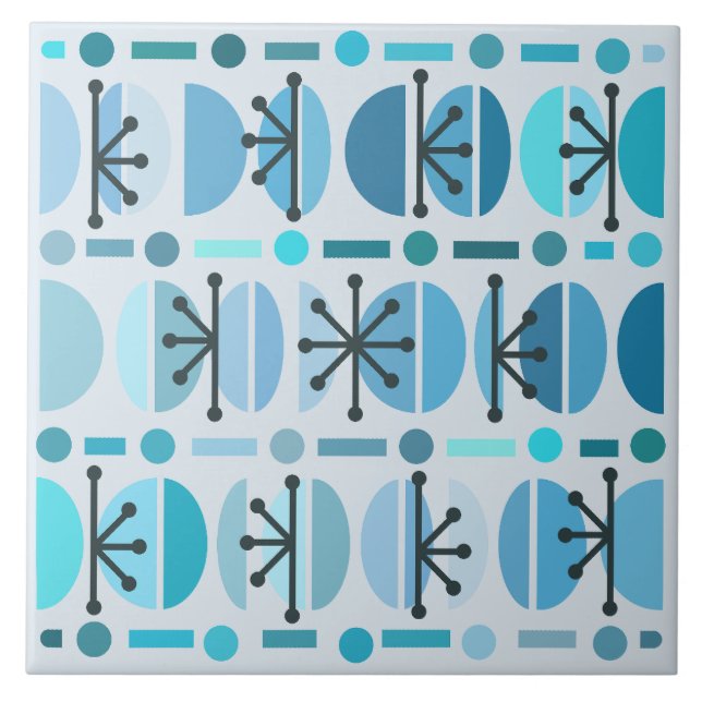 Boho Retro Bowls Lines Turquoise Ceramic Tile (Front)