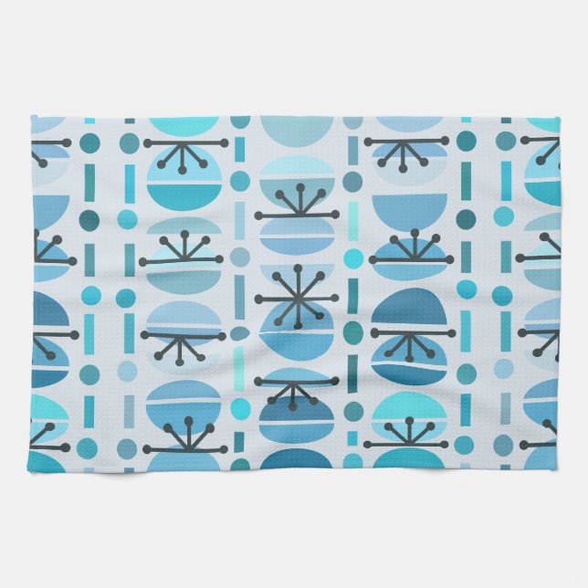 Boho Retro Bowls Lines Turquoise Tea Towel (Horizontal)
