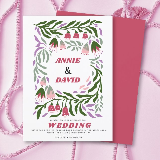 Boho retro branches and folklore flowers wedding invitation (Creator Uploaded)